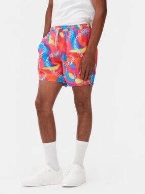 Barbie The Movie: men neon pink Vibrant Abstract Print Swim Shorts 5” inseam (L)